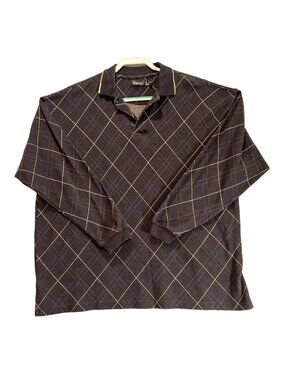 Sedgefield Sweater Mens XL Black Tan grid collar 1/4 button long sleeve tight kn